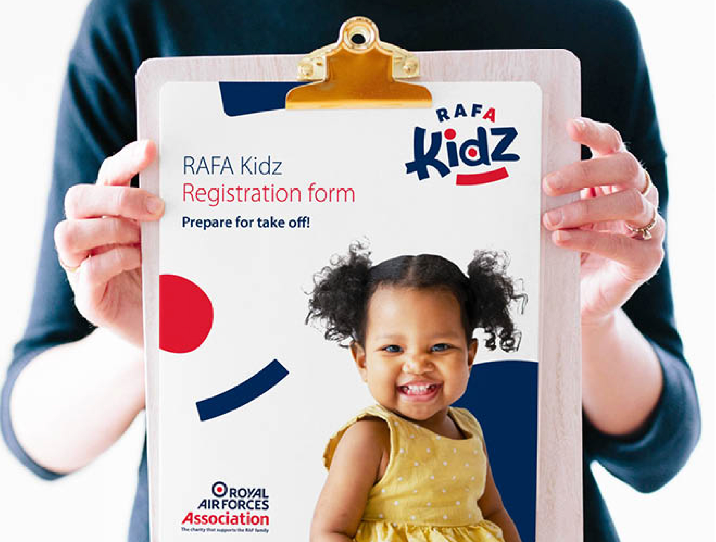RAFA Kidz registration form featuring a small girl with cute pigtails