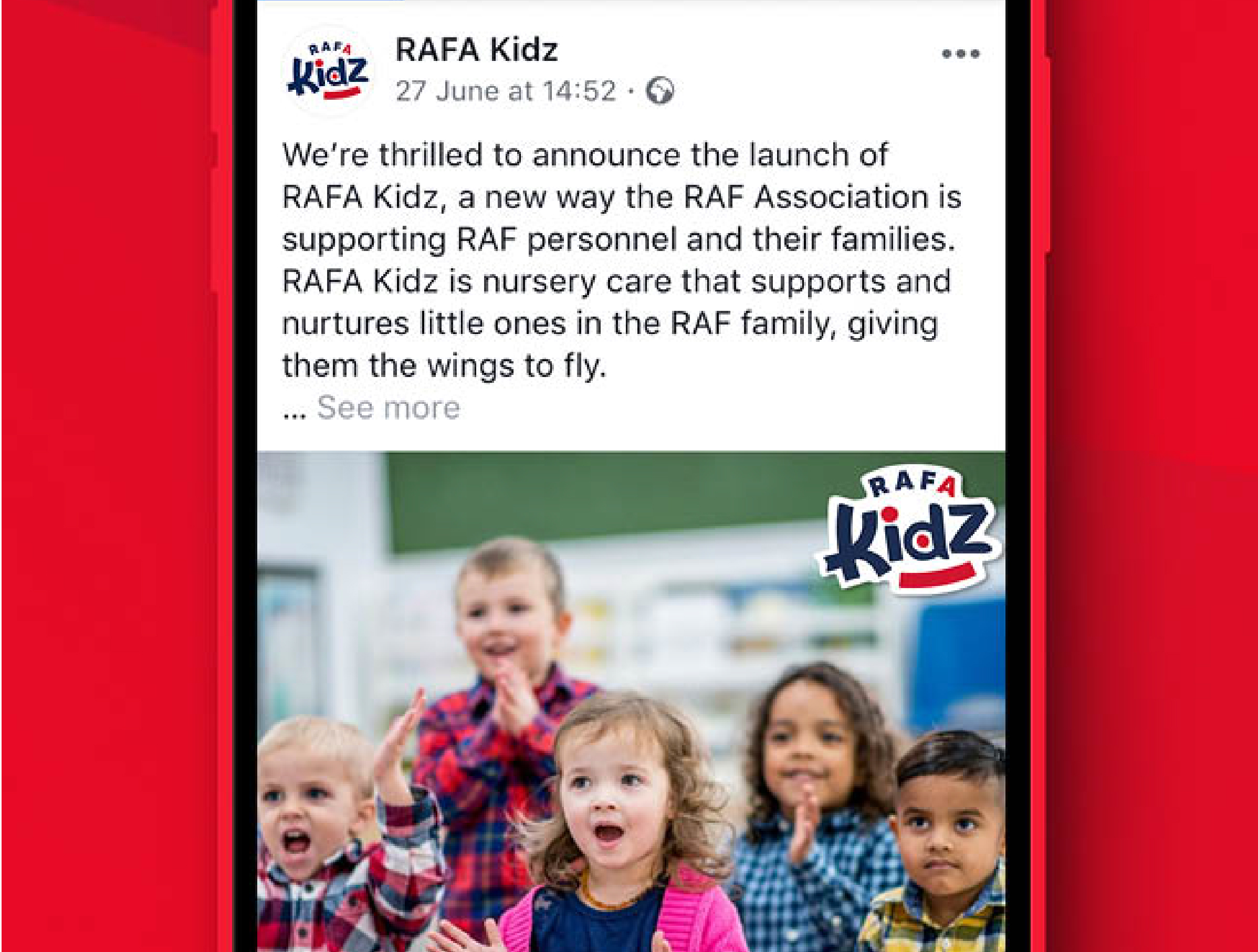 RAFA Kidz launch announcement on facebook post (shown on a mobile phone)