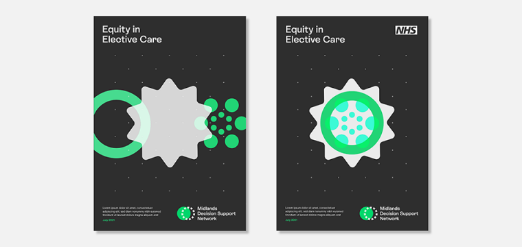 Mock up of brochures for Midlands Decision Support Network showing new visual identity in use.