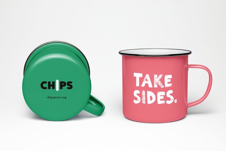 Enamel mug showing new CHIPS logo and strapline