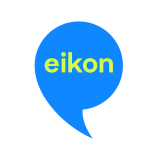 Eikon logo in blue speech bubble with yellow brand name 