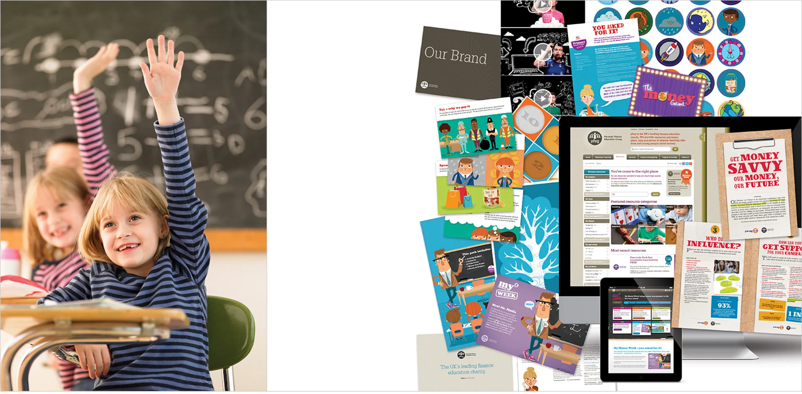 Collection of PFEG Young Money schools resources and campaign collateral, with photo of school children in class
