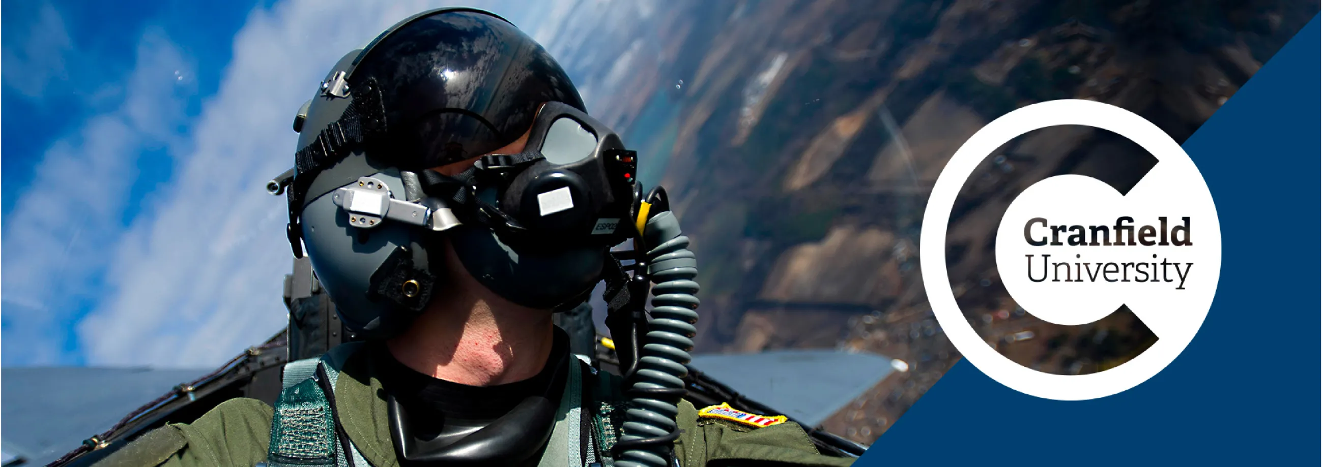 Cranfield University brand photo showing fighter pilot in breathing apparatus and helmet, alongside new Cranfield university logo