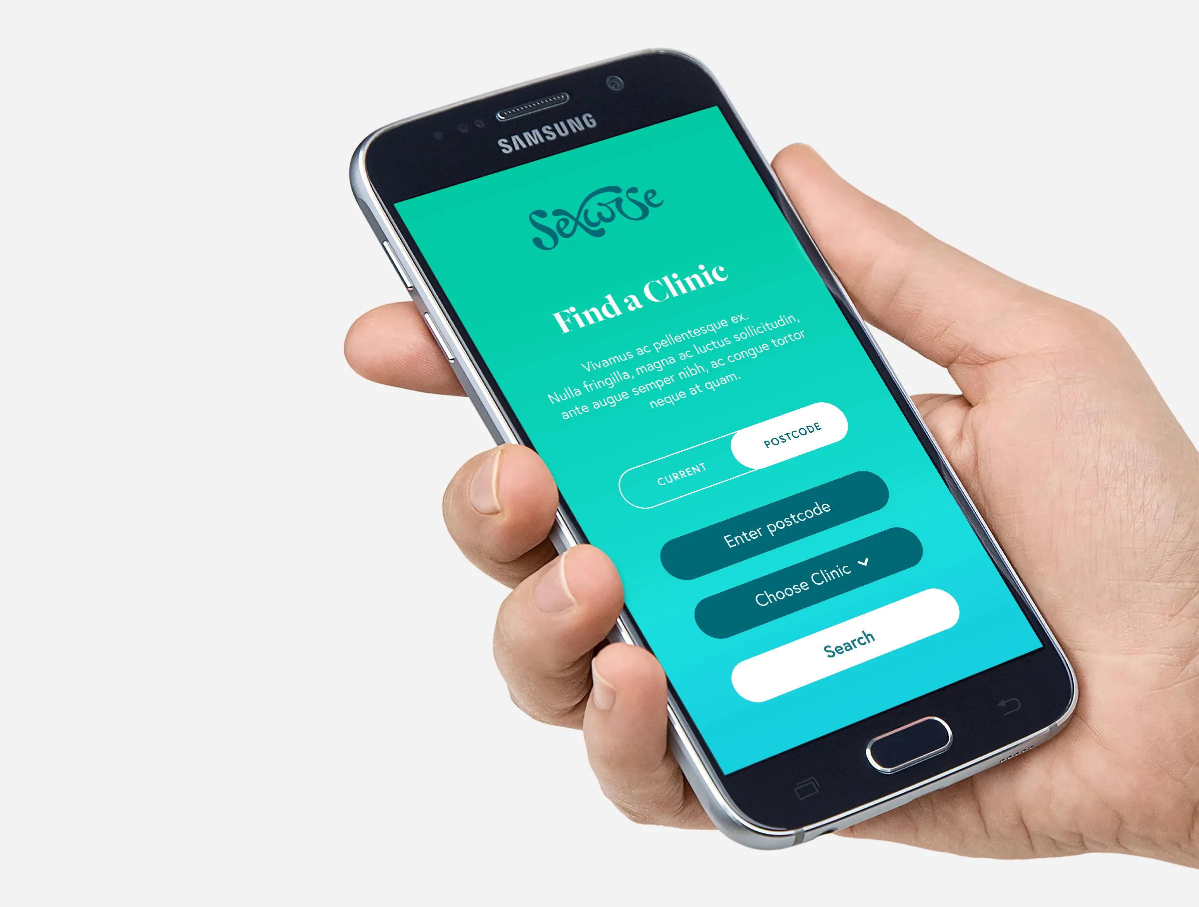 Sexwise website showing 'Find a clinic' tool based on postcode location. On e mobile phone screen in a man's hand.