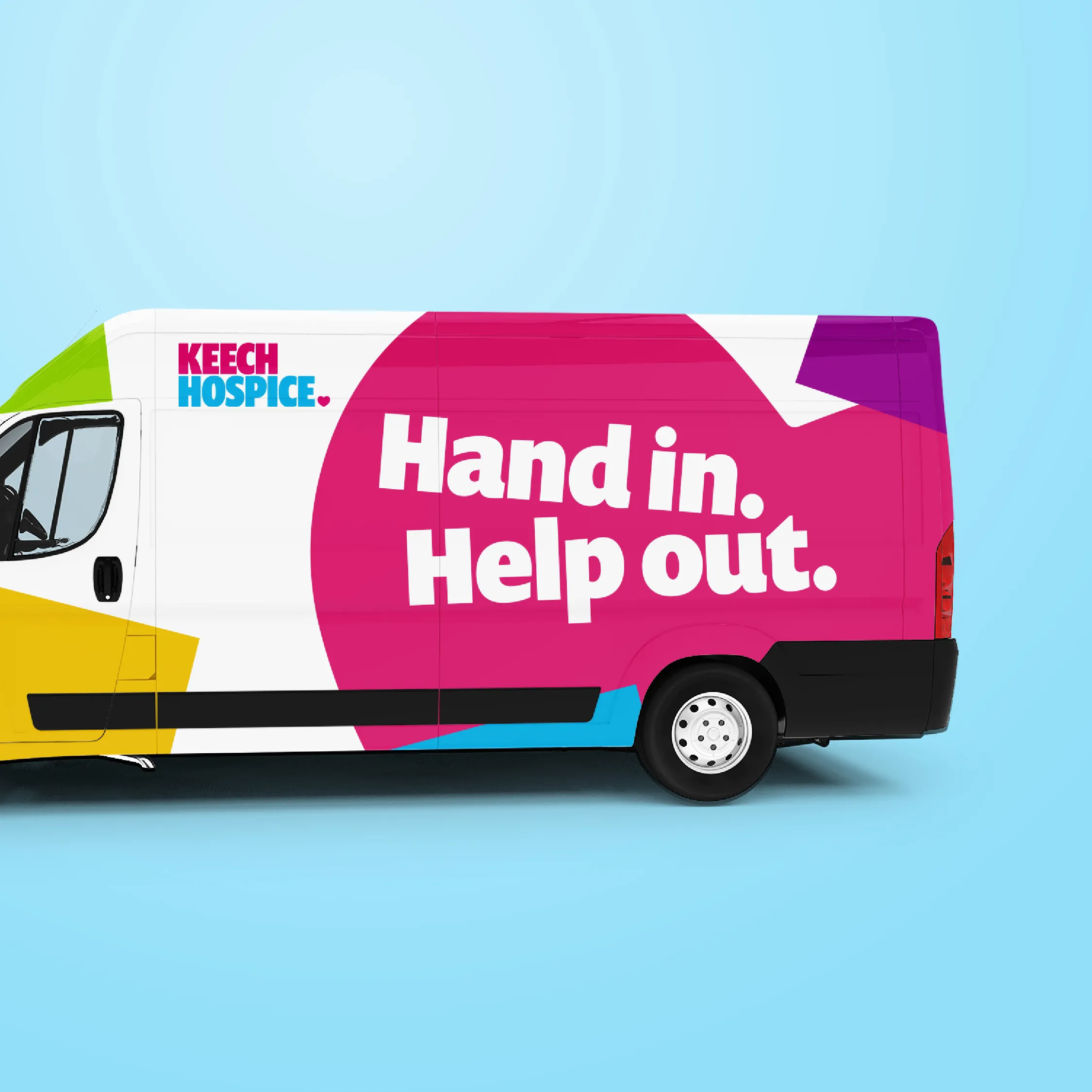 Keech Hospice white van with text saying 'Hand in. Help out.' on top of a giant pink heart with colourful hearts around