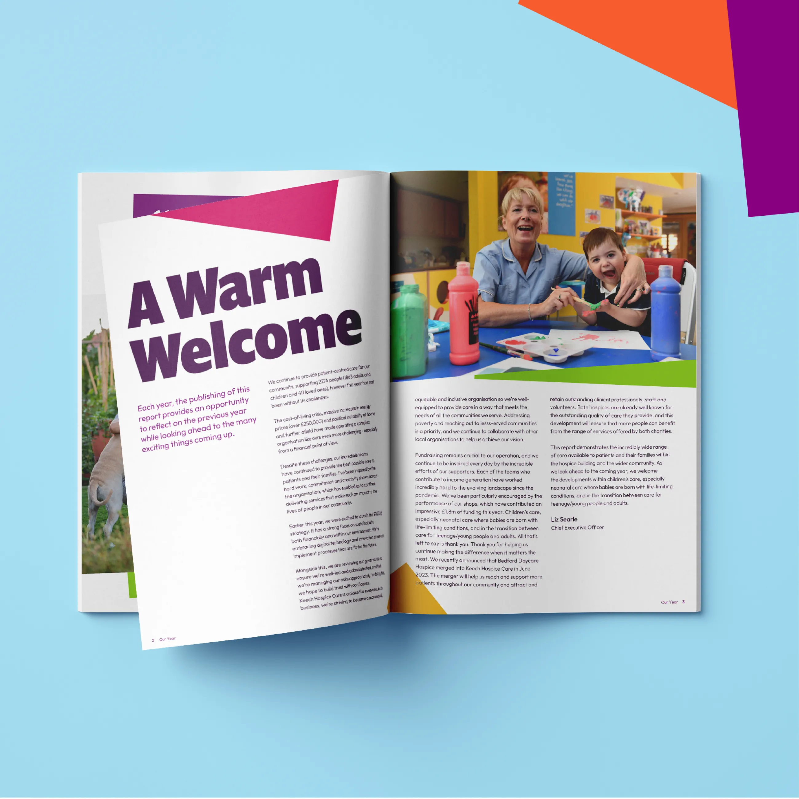 An editorial saying 'a warm welcome' with sections of squares around the text and an image of a nurse with a child playing with paints