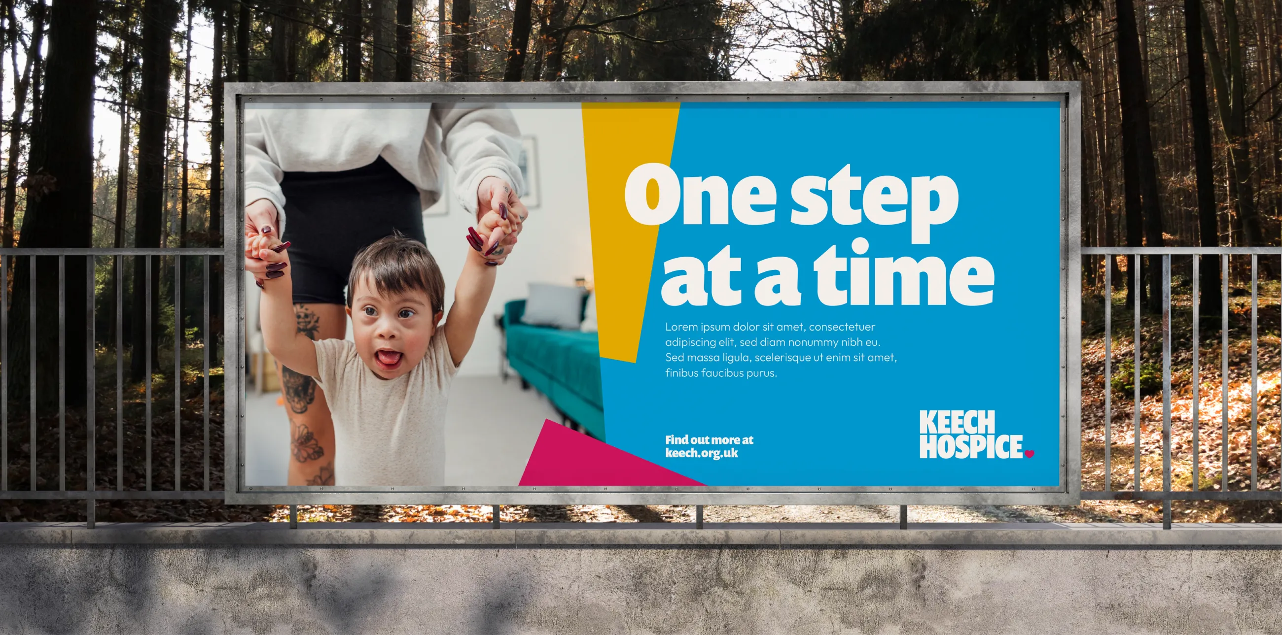 Keech Hospice building showing a young boy learning to walk while being held by an adult on a blue background with the text 'one step at a time'