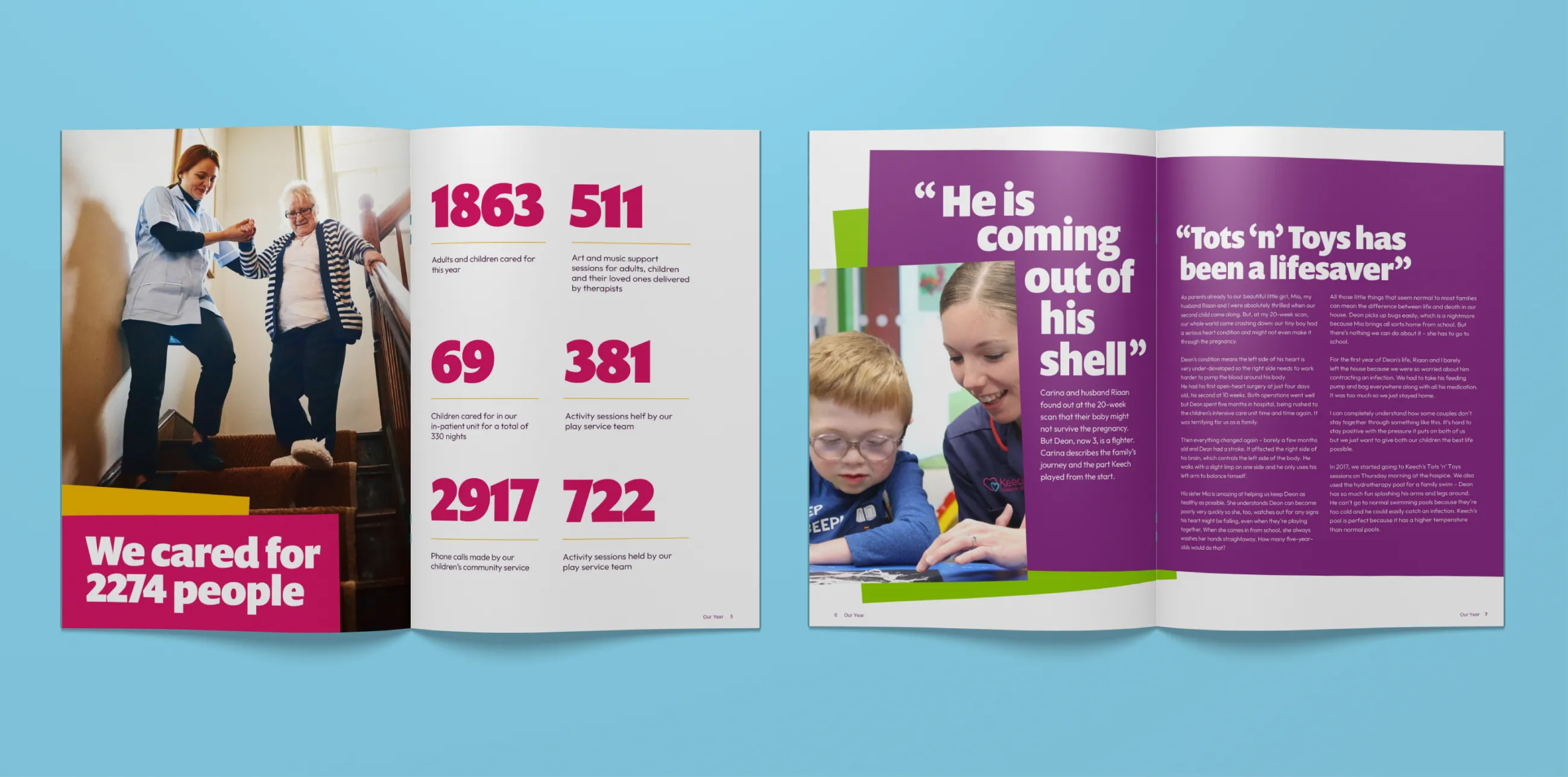 Keech Hospice editorial with twi double spreads. One shows statistics with an image on the left of an old woman walking down the stairs. The other spread shows an article about a boy saying "He is coming out of his shell"