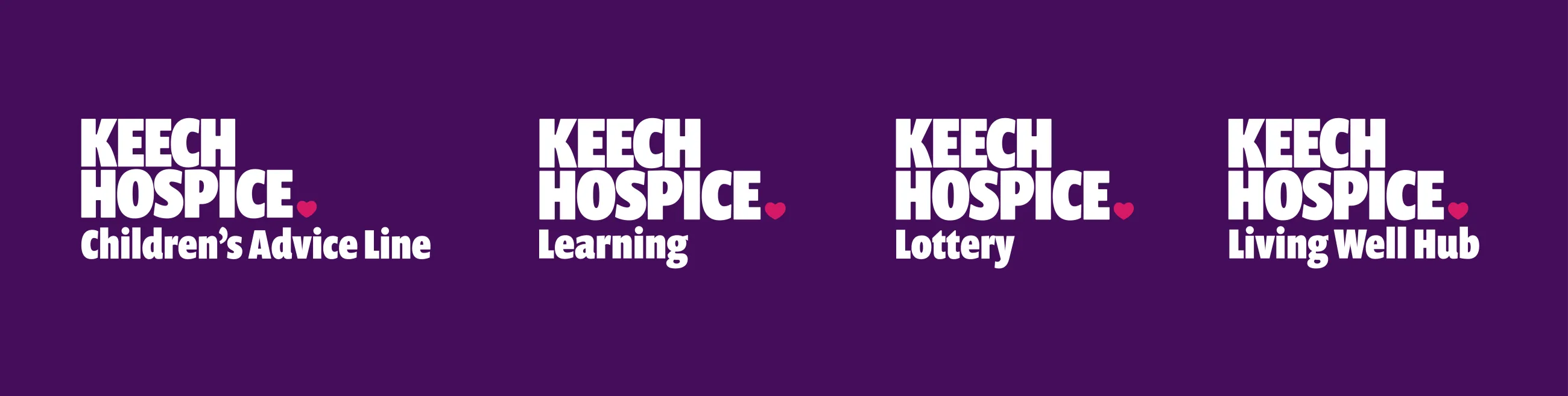 Different lock-ups of the Keech logo saying Children's Advice Line, learning, Lottery and Living Well Hub