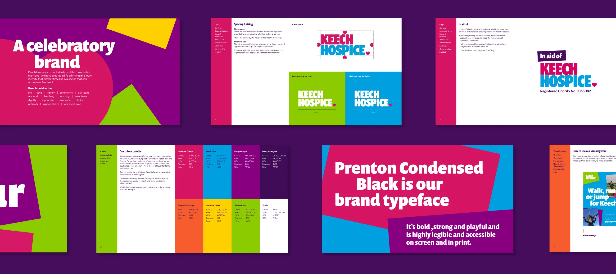 Keech Hospice brand guidelines showing how to use the logo, the colour palette and how to use the brand typeface