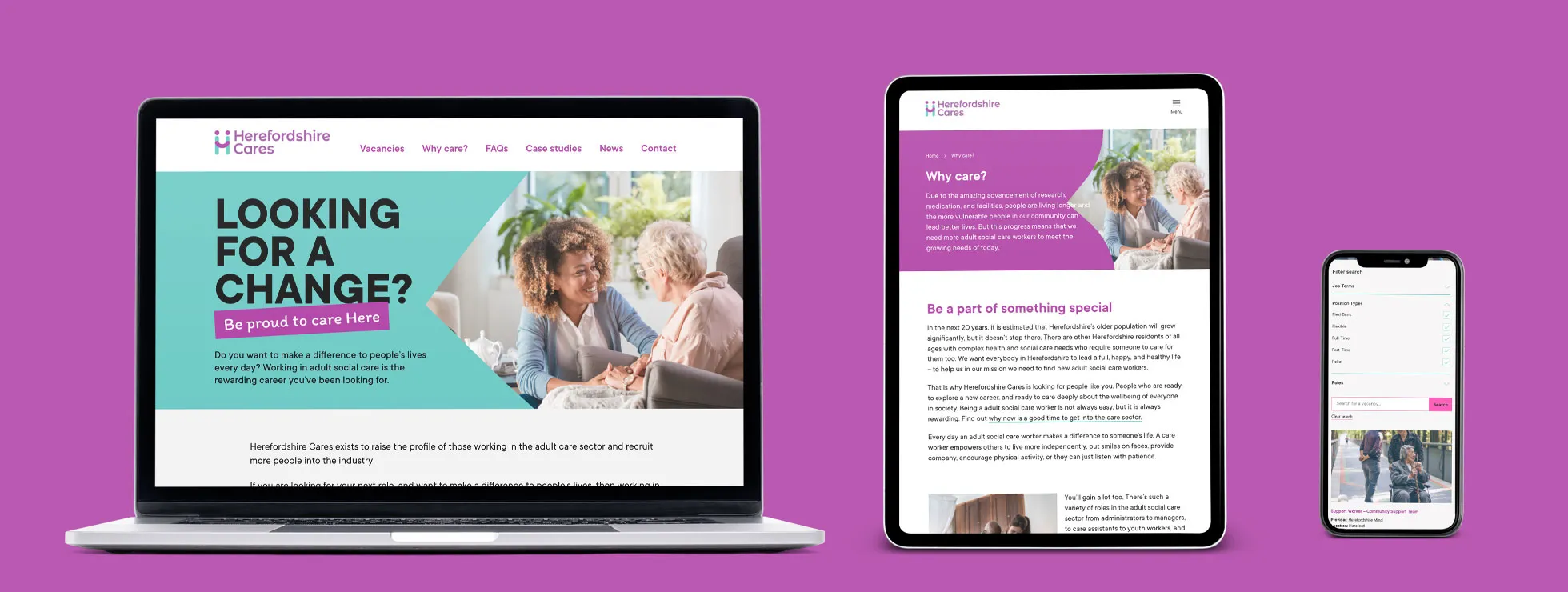 A purple background image showing a laptop screen with the Herefordshire Cares homepage on display.
