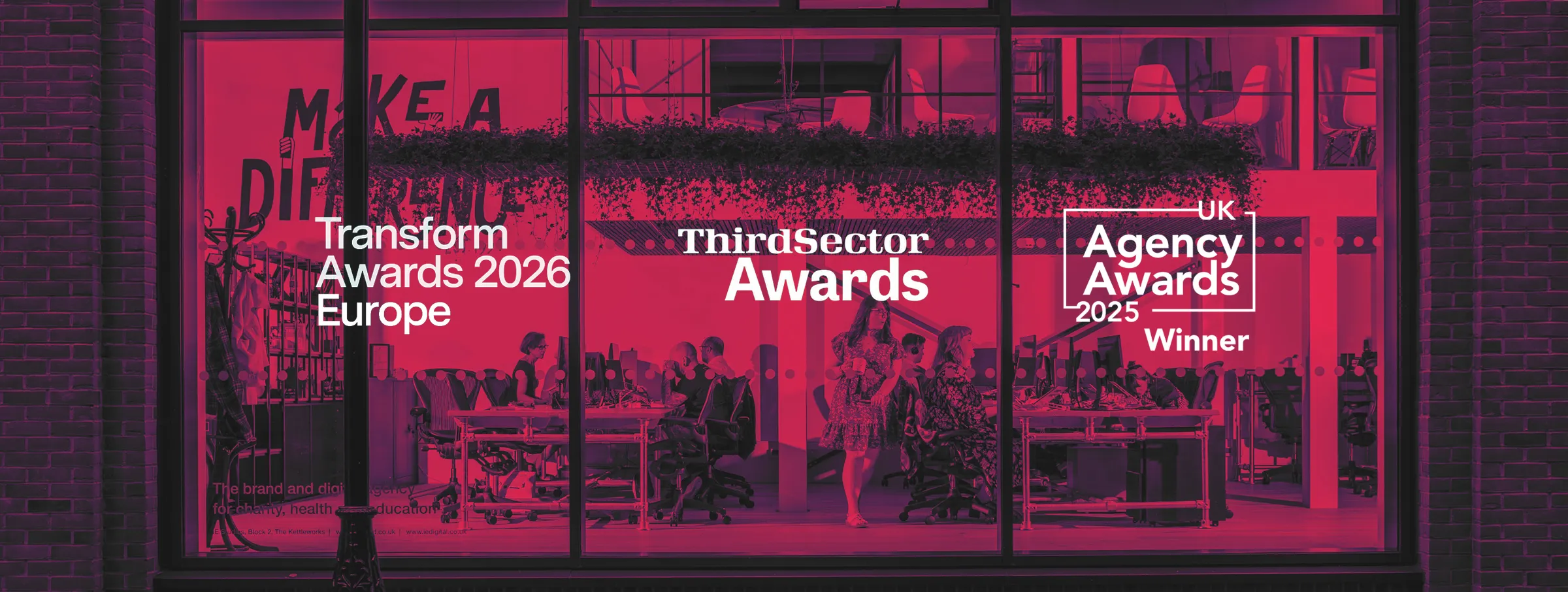 A photo of our studio with logos for Transform, Agency and Third Sector awards